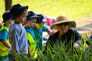 Childcare educator showing children nature at Bush Kindy at Suncoasst Little Learners